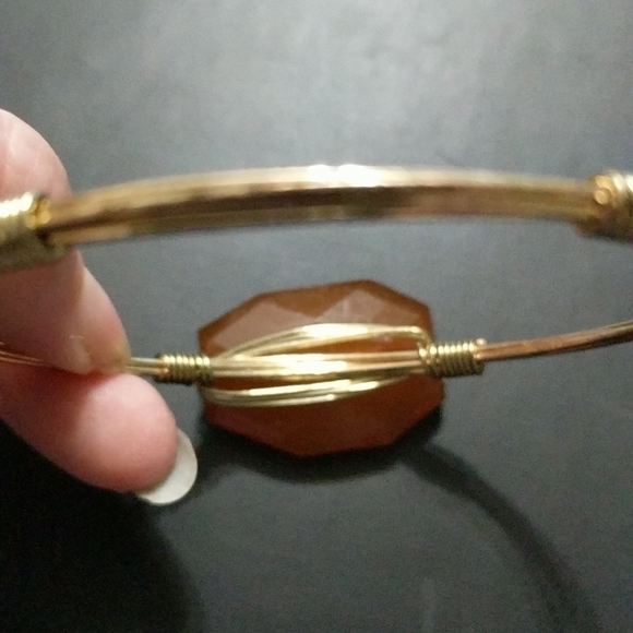 Gold Tone Brown Faceted Wire Wrapped Cuff Bracelet - Picture 3 of 3